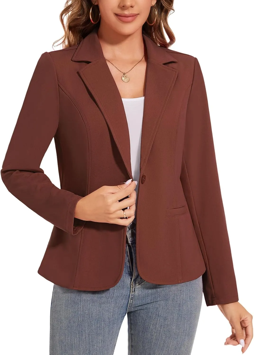 Women's Button Front Blazer Jackets Long Sleeve Lapel Business Casual Office Work Lightweight Blazers with Pocket