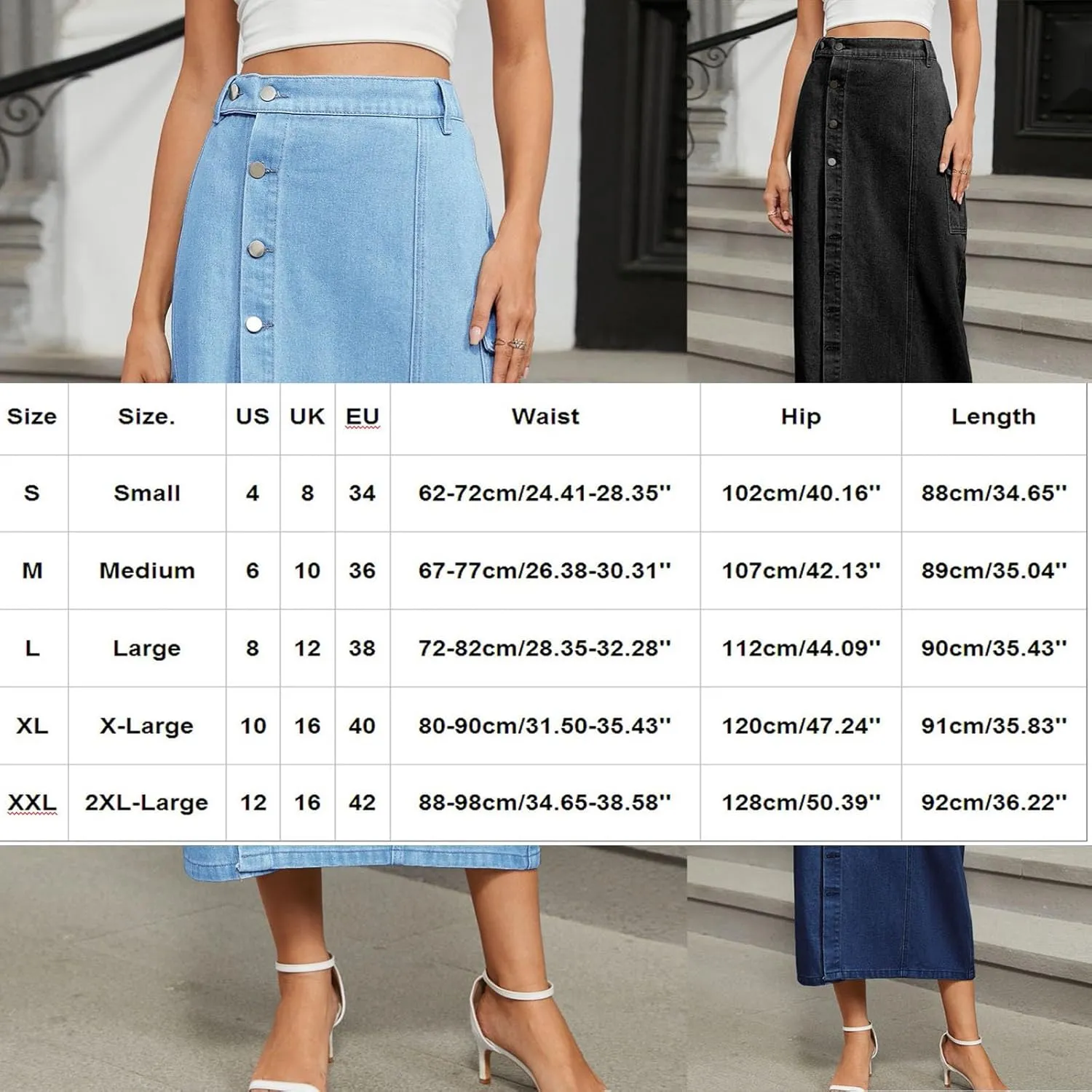 Womens Button Up Denim Skirt High Waisted Maxi Skirts A line Flare Jean Skirt Stretch Midi Dress with Pockets