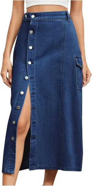 Womens Button Up Denim Skirt High Waisted Maxi Skirts A line Flare Jean Skirt Stretch Midi Dress with Pockets