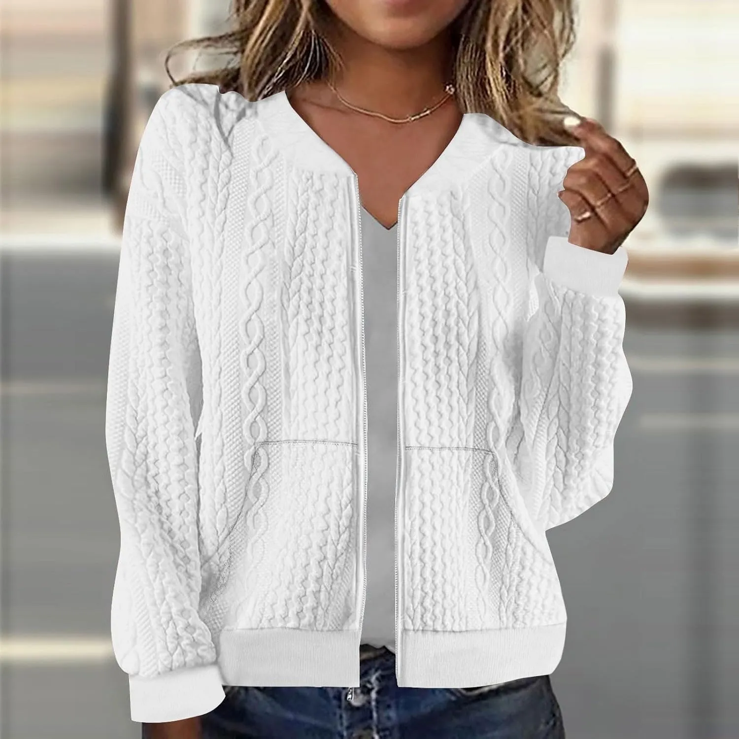 Women's Cardigan Zip Up Cable Knit Long Sleeve Trendy Y2K Sweater Jacket Crewneck Casual Teen Girls Coat 2024 Fall