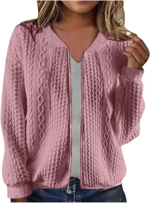 Women's Cardigan Zip Up Cable Knit Long Sleeve Trendy Y2K Sweater Jacket Crewneck Casual Teen Girls Coat 2024 Fall