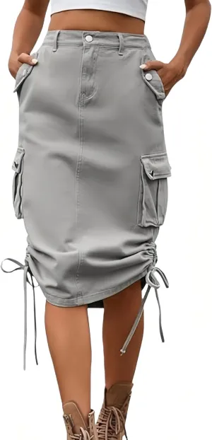 Women's Cargo Skirt Adjustable High Waisted Drawstring Midi Denim Skirts with Flap Pocket