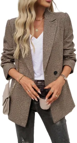 Womens Casual Blazer Open Front Long Sleeve Lapel Houndstooth Jacket Blazers Bussiness Work Office Suits