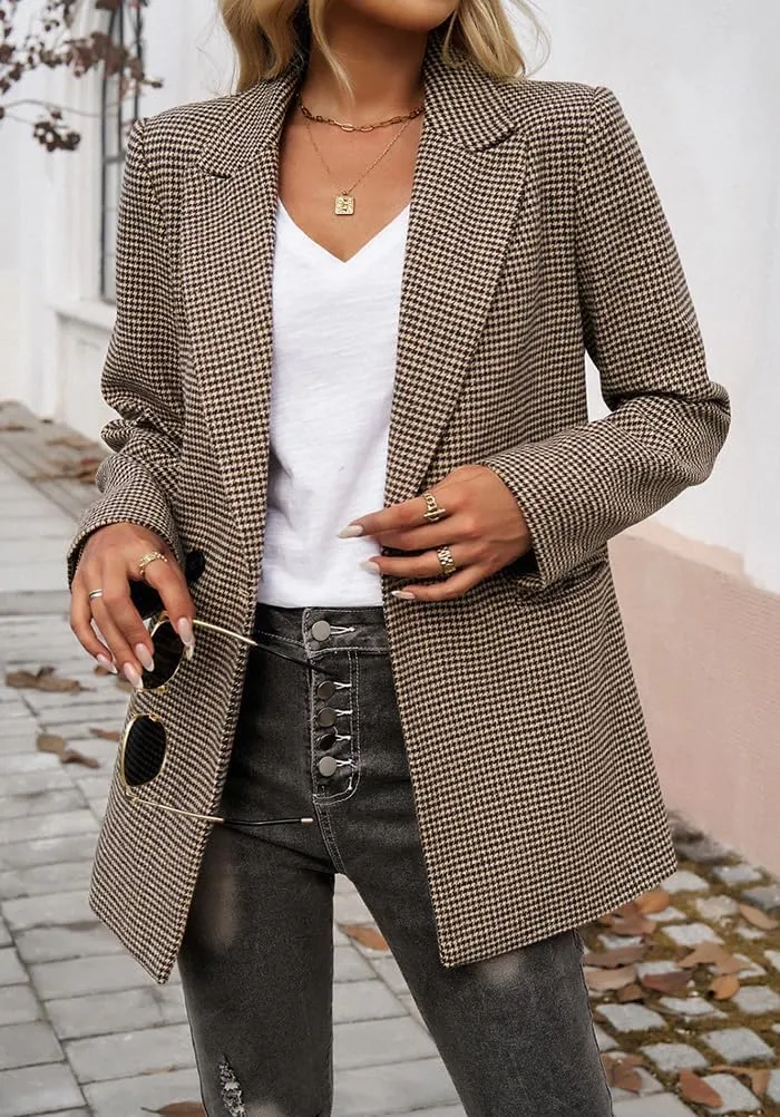 Womens Casual Blazer Open Front Long Sleeve Lapel Houndstooth Jacket Blazers Bussiness Work Office Suits