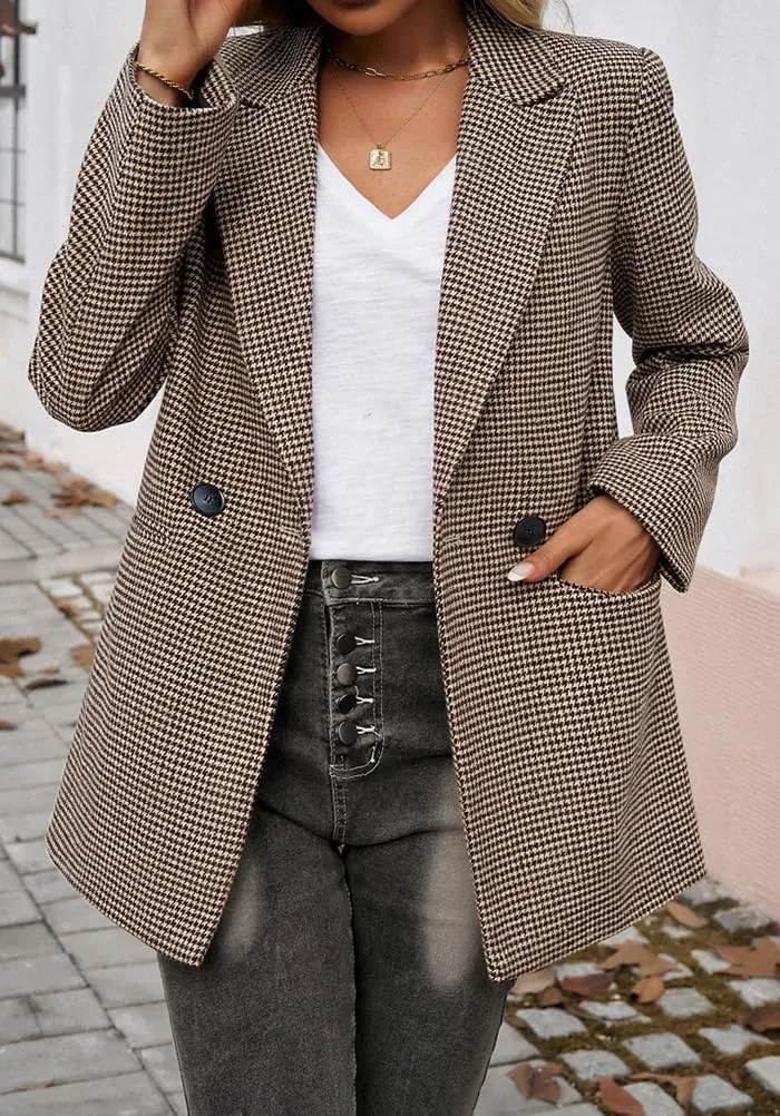 Womens Casual Blazer Open Front Long Sleeve Lapel Houndstooth Jacket Blazers Bussiness Work Office Suits