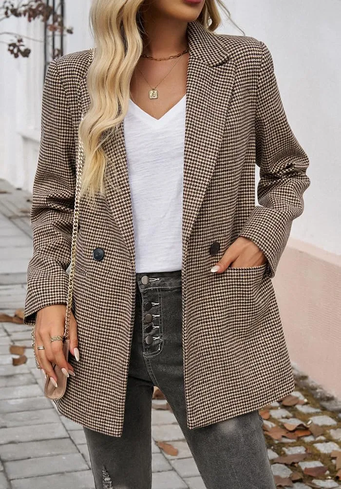 Womens Casual Blazer Open Front Long Sleeve Lapel Houndstooth Jacket Blazers Bussiness Work Office Suits