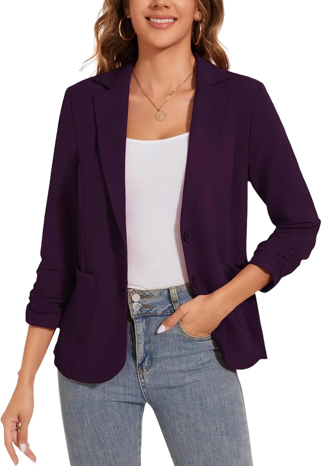 Women's Casual Button Front Blazer Jackets Ruched 3/4 Sleeve Lapel Office Work Lightweight Blazers with Pockets