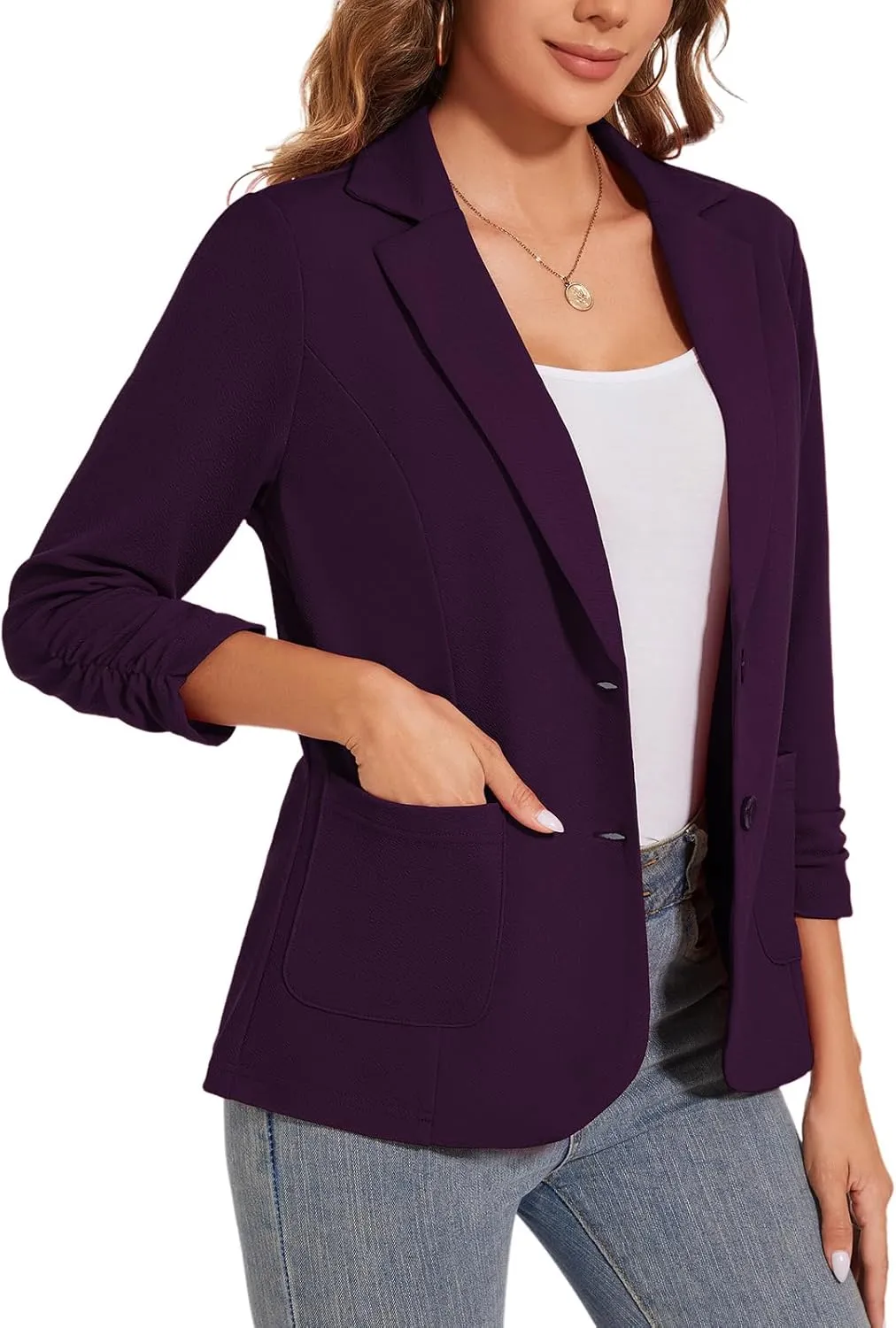 Women's Casual Button Front Blazer Jackets Ruched 3/4 Sleeve Lapel Office Work Lightweight Blazers with Pockets