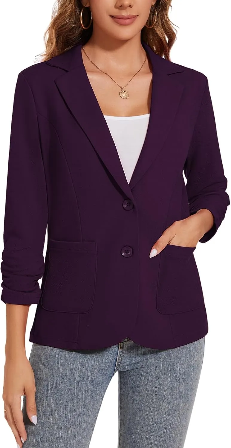 Women's Casual Button Front Blazer Jackets Ruched 3/4 Sleeve Lapel Office Work Lightweight Blazers with Pockets