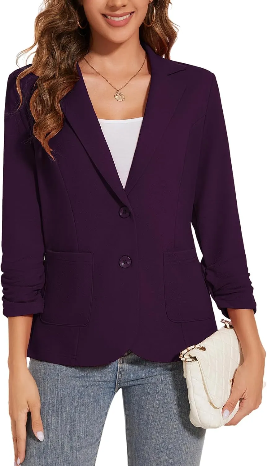 Women's Casual Button Front Blazer Jackets Ruched 3/4 Sleeve Lapel Office Work Lightweight Blazers with Pockets