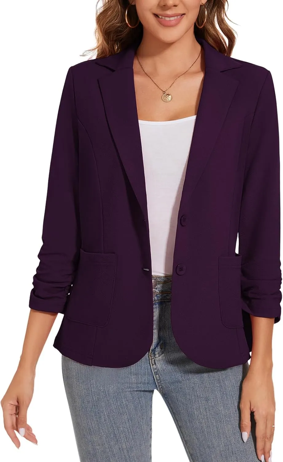 Women's Casual Button Front Blazer Jackets Ruched 3/4 Sleeve Lapel Office Work Lightweight Blazers with Pockets