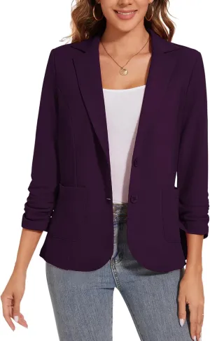 Women's Casual Button Front Blazer Jackets Ruched 3/4 Sleeve Lapel Office Work Lightweight Blazers with Pockets