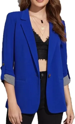 Womens Casual Comfy Blazers 3/4 Sleeve Lapel Button Slim Fit Work Office Blazer Jacket Open Front Lightweight Lounge Suit