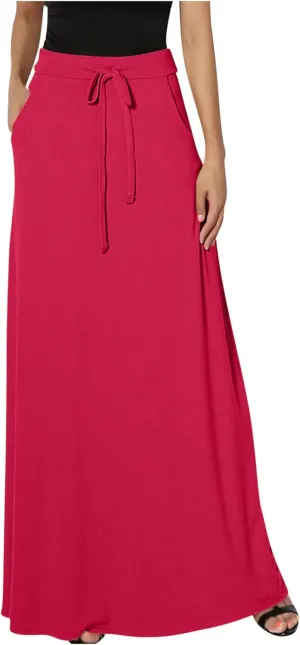 Women's Casual Flared Maxi Skirts Drawstring High Waist A Line Long Skirts Casual Slim Fit Pencil Skirt with Pockets