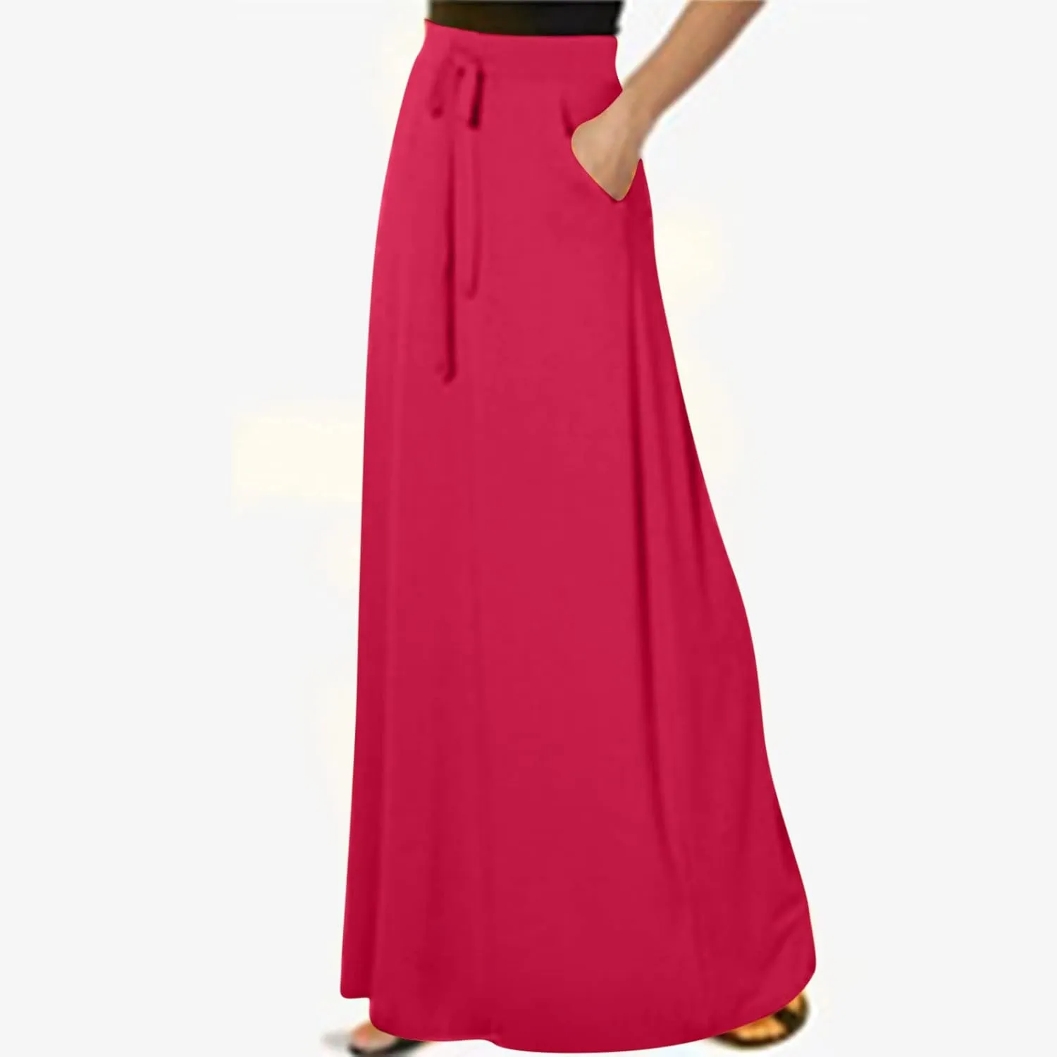 Women's Casual Flared Maxi Skirts Drawstring High Waist A Line Long Skirts Casual Slim Fit Pencil Skirt with Pockets