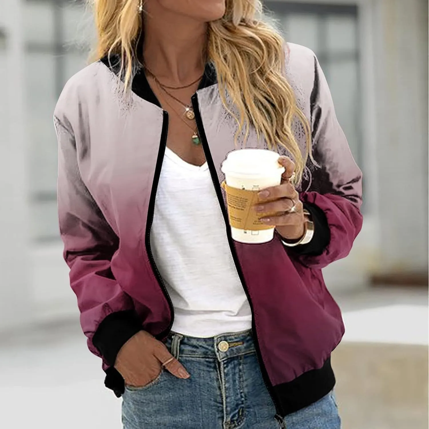 Women's Casual Floral Zip Up Bomber Jacket Long Sleeve Coat Stand Collar Lightweight Short Outwear Tops