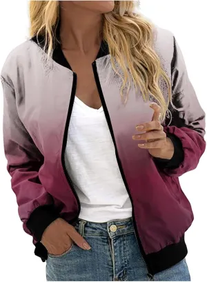 Women's Casual Floral Zip Up Bomber Jacket Long Sleeve Coat Stand Collar Lightweight Short Outwear Tops
