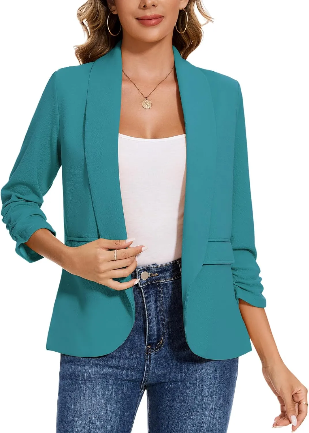 Women's Casual Open Front Blazers Shawl Lapel Ruched 3/4 Sleeve Office Lightweight Blazer Jackets with Pockets