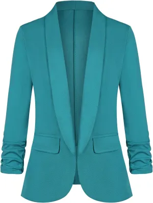 Women's Casual Open Front Blazers Shawl Lapel Ruched 3/4 Sleeve Office Lightweight Blazer Jackets with Pockets