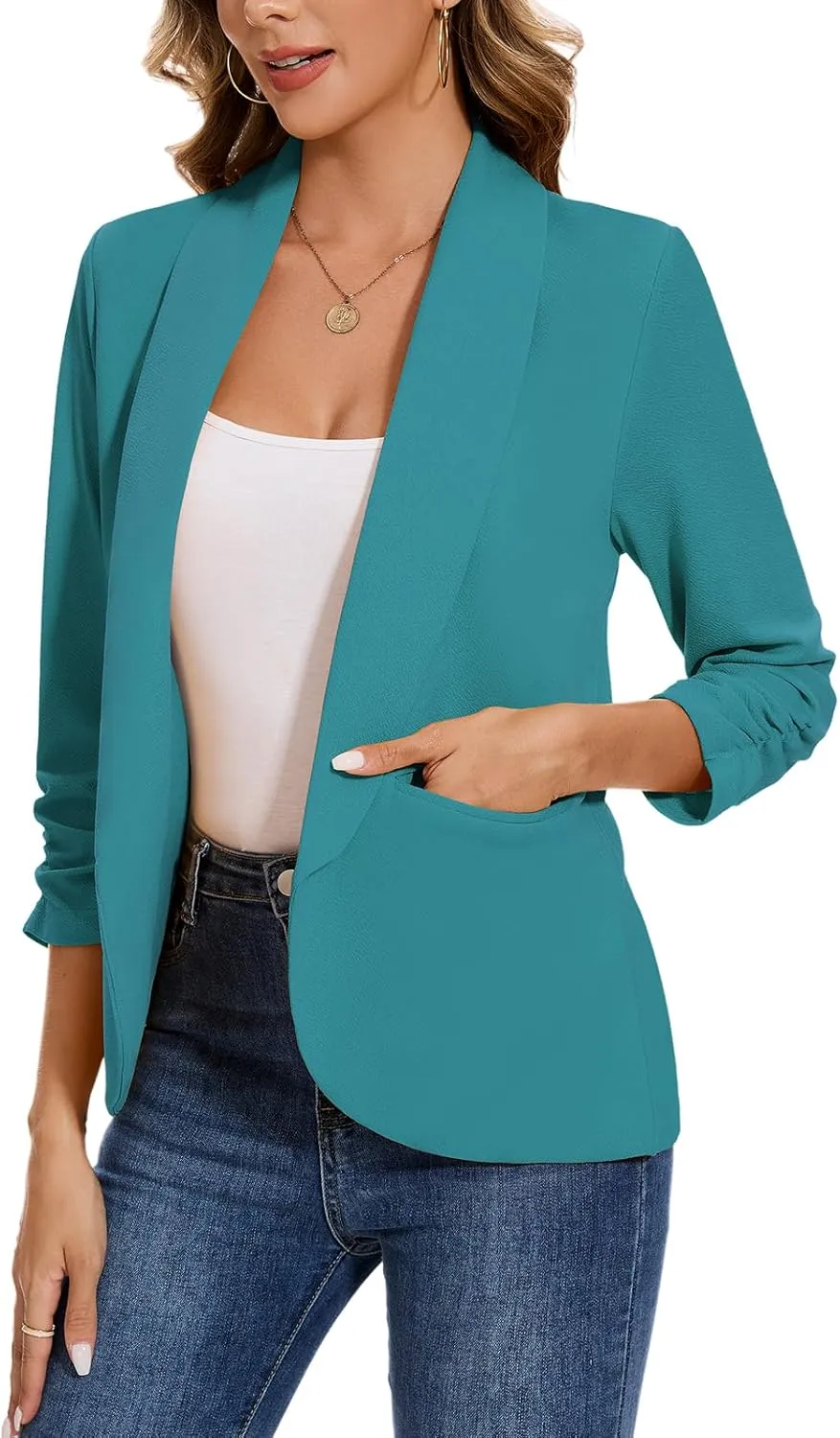 Women's Casual Open Front Blazers Shawl Lapel Ruched 3/4 Sleeve Office Lightweight Blazer Jackets with Pockets