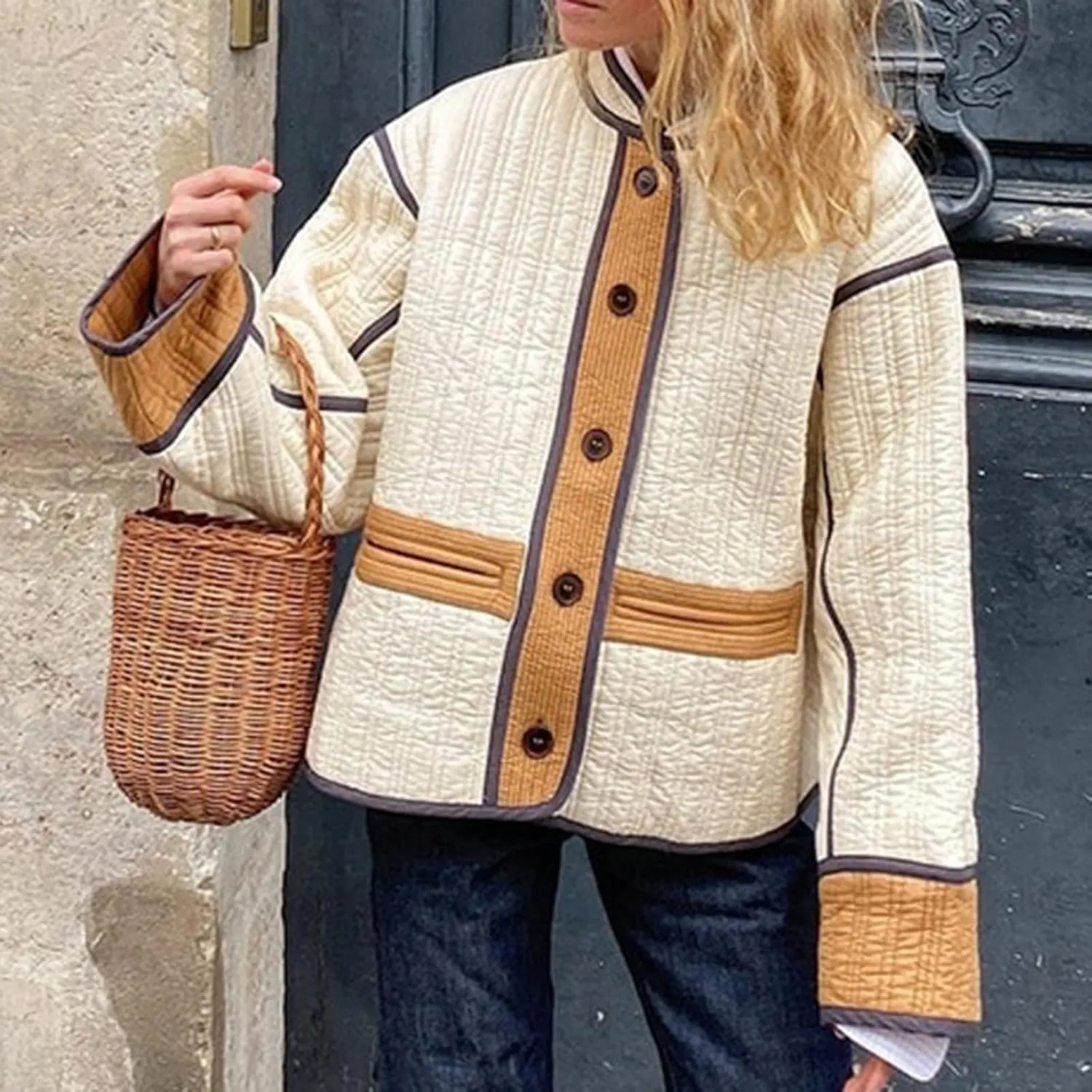 Womens Casual Quilted Jacket Winter Lightweight Color Block Padded Coat Y2k Long Sleeve Cropped Cotton Jackets