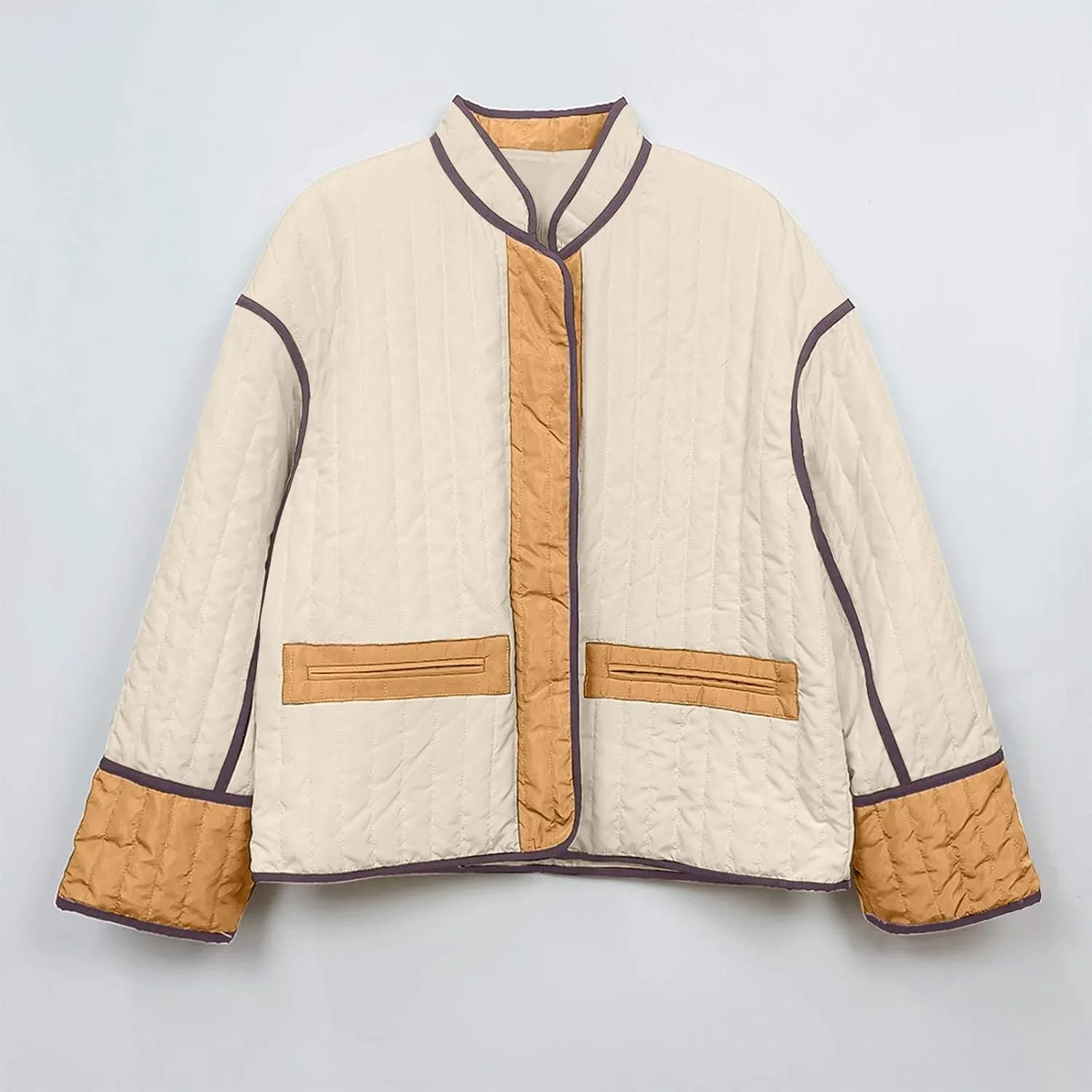 Womens Casual Quilted Jacket Winter Lightweight Color Block Padded Coat Y2k Long Sleeve Cropped Cotton Jackets