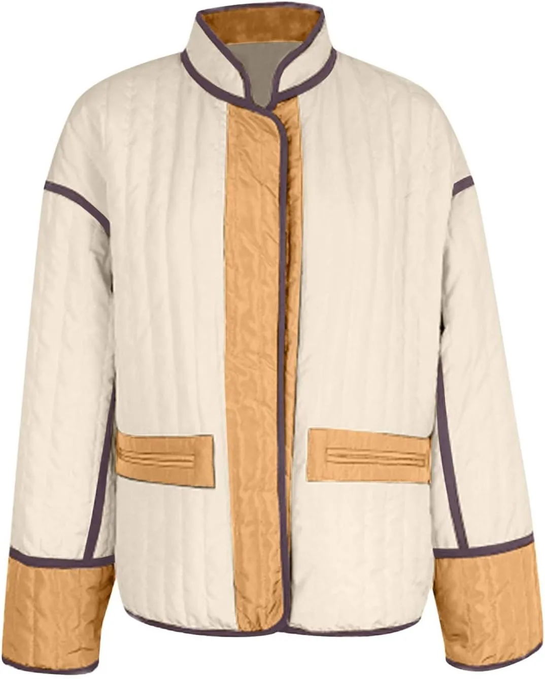 Womens Casual Quilted Jacket Winter Lightweight Color Block Padded Coat Y2k Long Sleeve Cropped Cotton Jackets