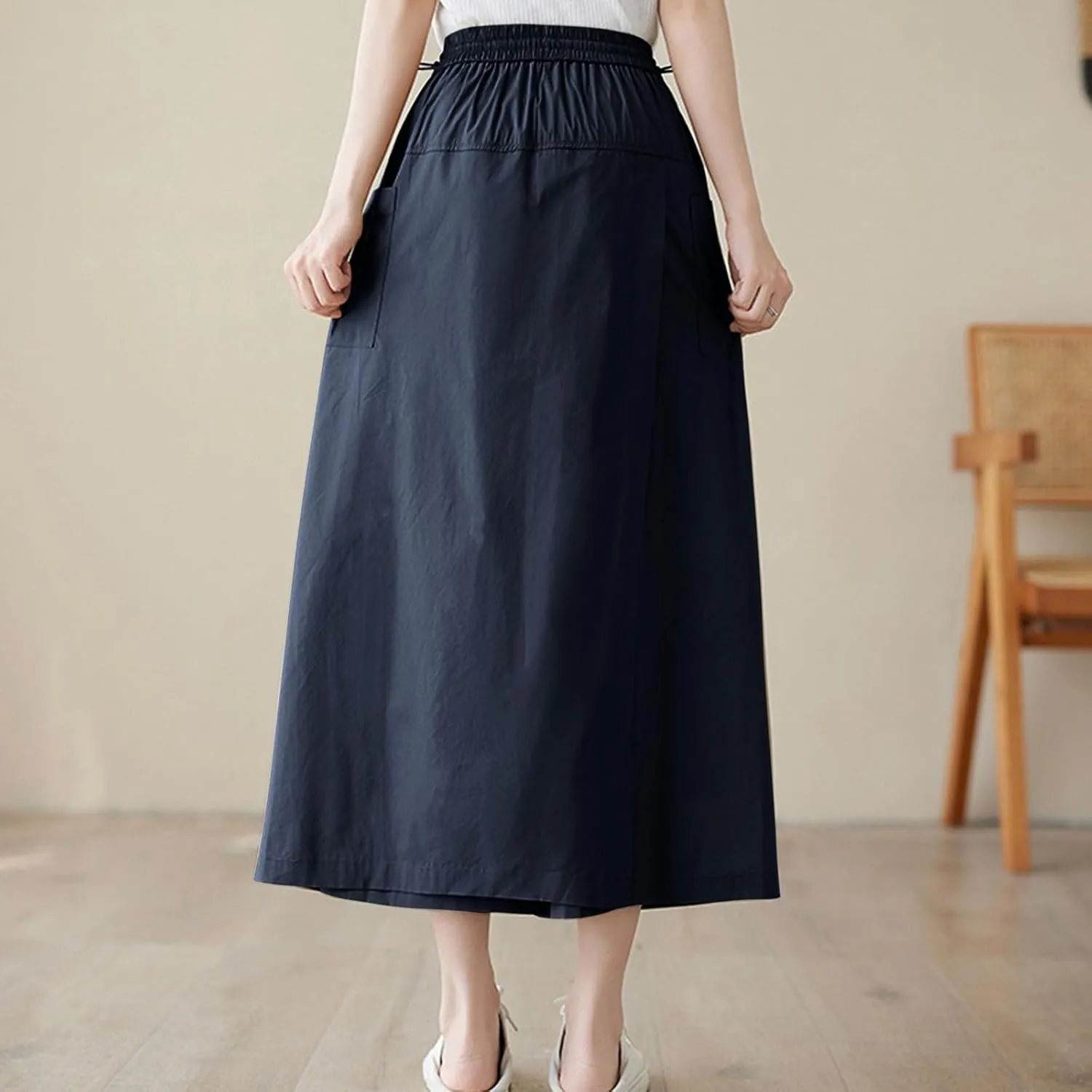 Women's Casual Skirt Plain Elastic Waist Peasant A-Line Midi Skirts Loose Fit Solid Color Maxi Skirt with Pockets