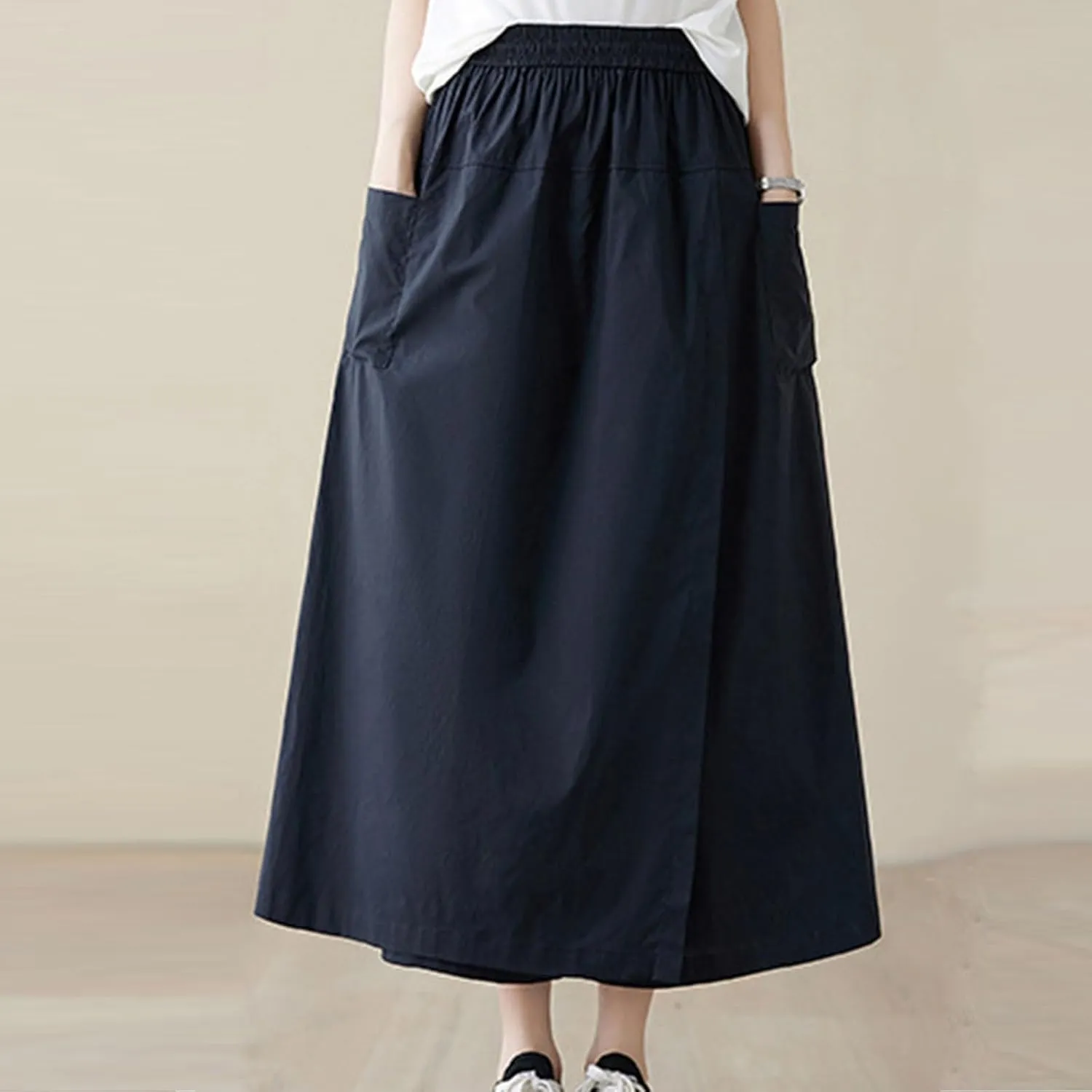 Women's Casual Skirt Plain Elastic Waist Peasant A-Line Midi Skirts Loose Fit Solid Color Maxi Skirt with Pockets