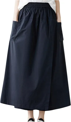 Women's Casual Skirt Plain Elastic Waist Peasant A-Line Midi Skirts Loose Fit Solid Color Maxi Skirt with Pockets