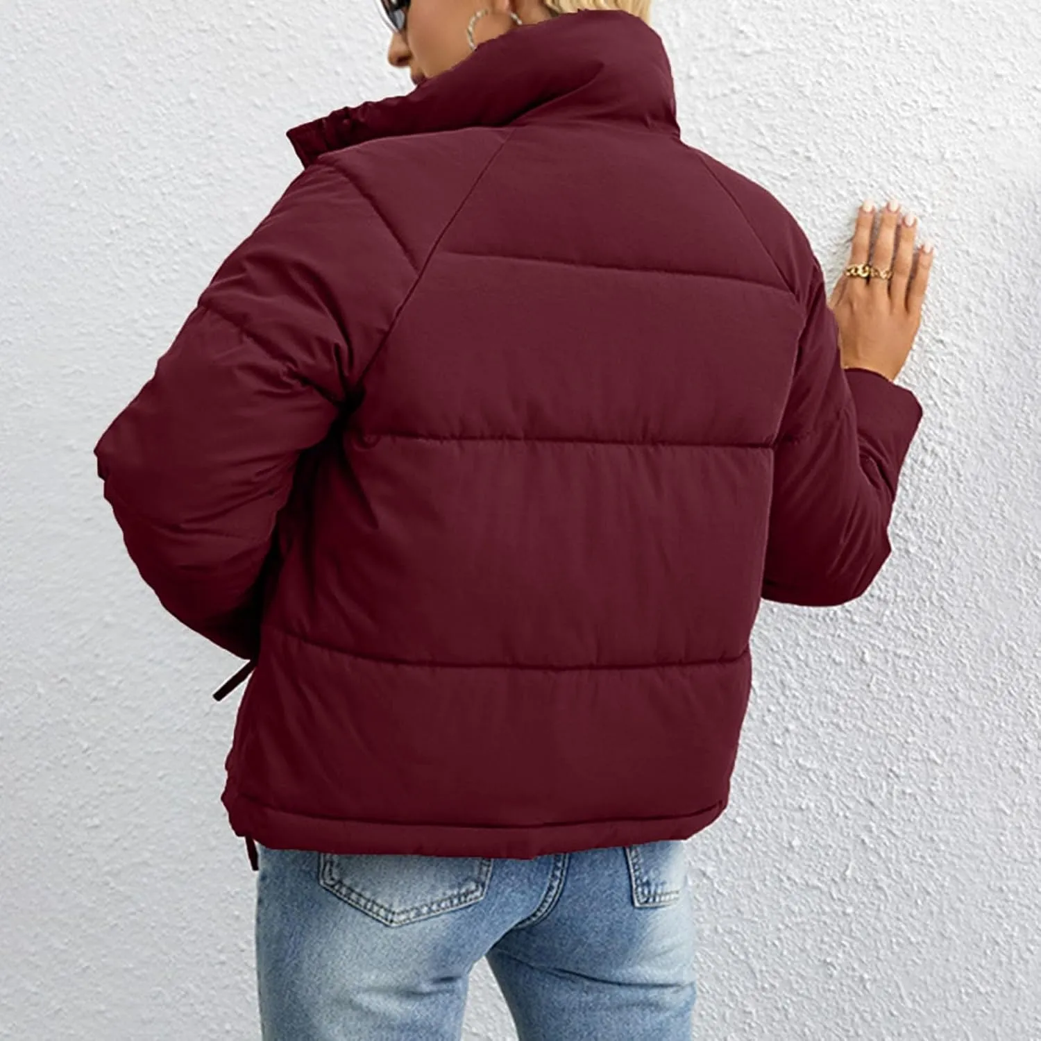 Women's Casual Zip Snap Cotton Down Puffer Jacket Winter Warm Stand Collar Pockets Short Coat Padded Quilted Outerwear