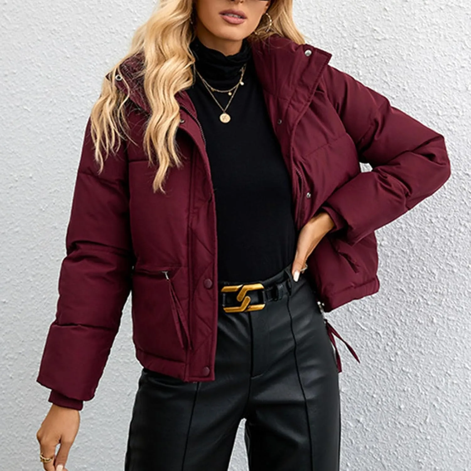 Women's Casual Zip Snap Cotton Down Puffer Jacket Winter Warm Stand Collar Pockets Short Coat Padded Quilted Outerwear