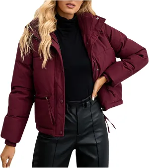Women's Casual Zip Snap Cotton Down Puffer Jacket Winter Warm Stand Collar Pockets Short Coat Padded Quilted Outerwear
