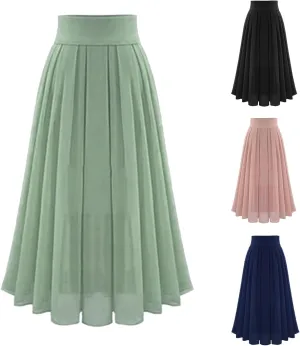 Women's Chiffon Midi Skirt High Waisted Flowy Pleated Skirts Elastic A-Line Long Skirts Casual Summer Maxi Long Skirts