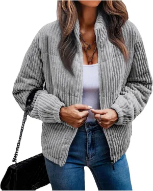 Womens Corduroy Puffer Jacket Zip Up Long Sleeve Jacket Stand Collar Ribbed Quilted Jacket Padded Winter Warm Coat