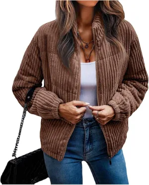 Womens Corduroy Puffer Jacket Zip Up Long Sleeve Jacket Stand Collar Ribbed Quilted Jacket Padded Winter Warm Coat