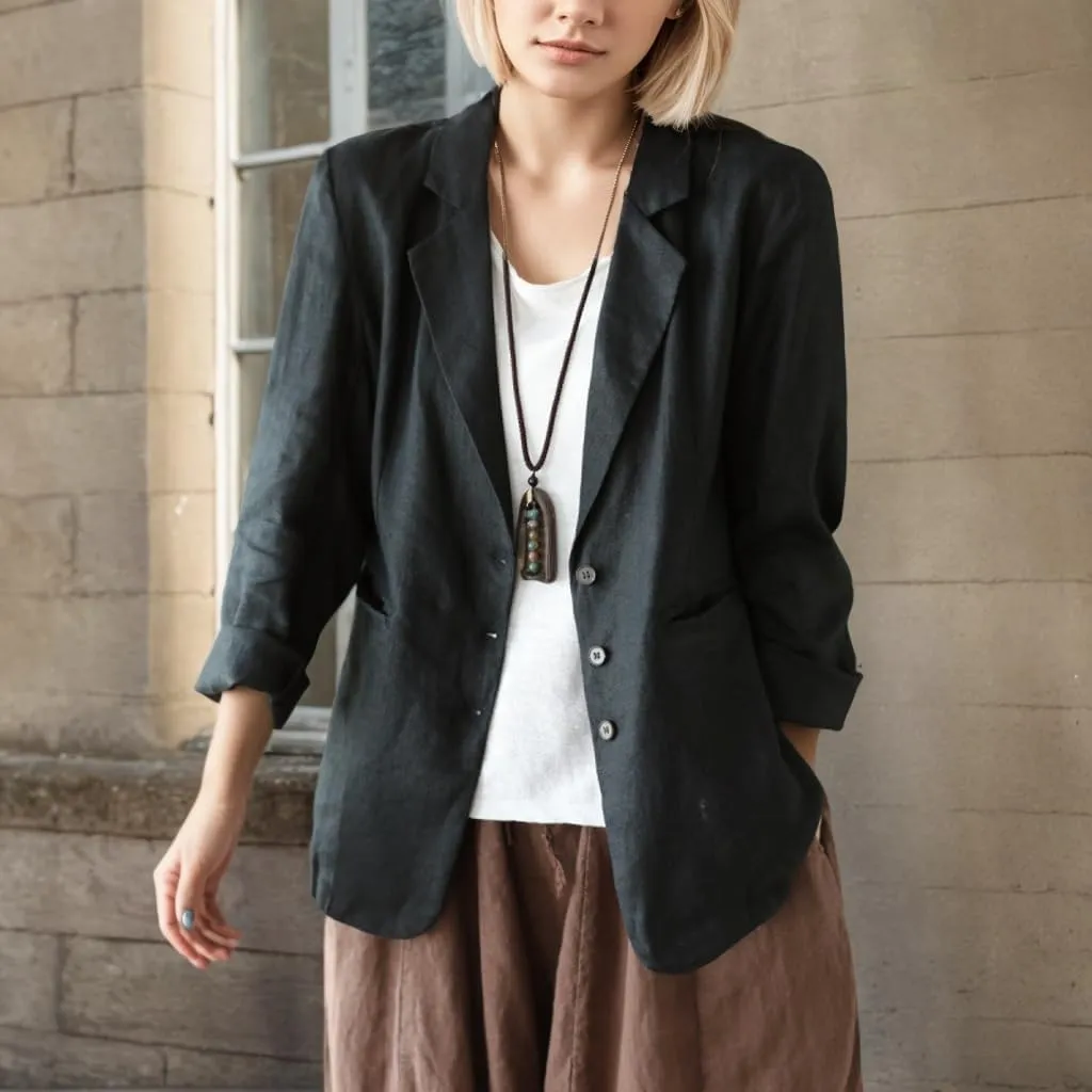 Womens Cotton Linen Lapel Button Blazer Casual Long Sleeve Open Front Lightweight Linen Blazers Jacket with Pockets