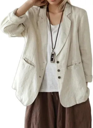 Womens Cotton Linen Lapel Button Blazer Casual Long Sleeve Open Front Lightweight Linen Blazers Jacket with Pockets