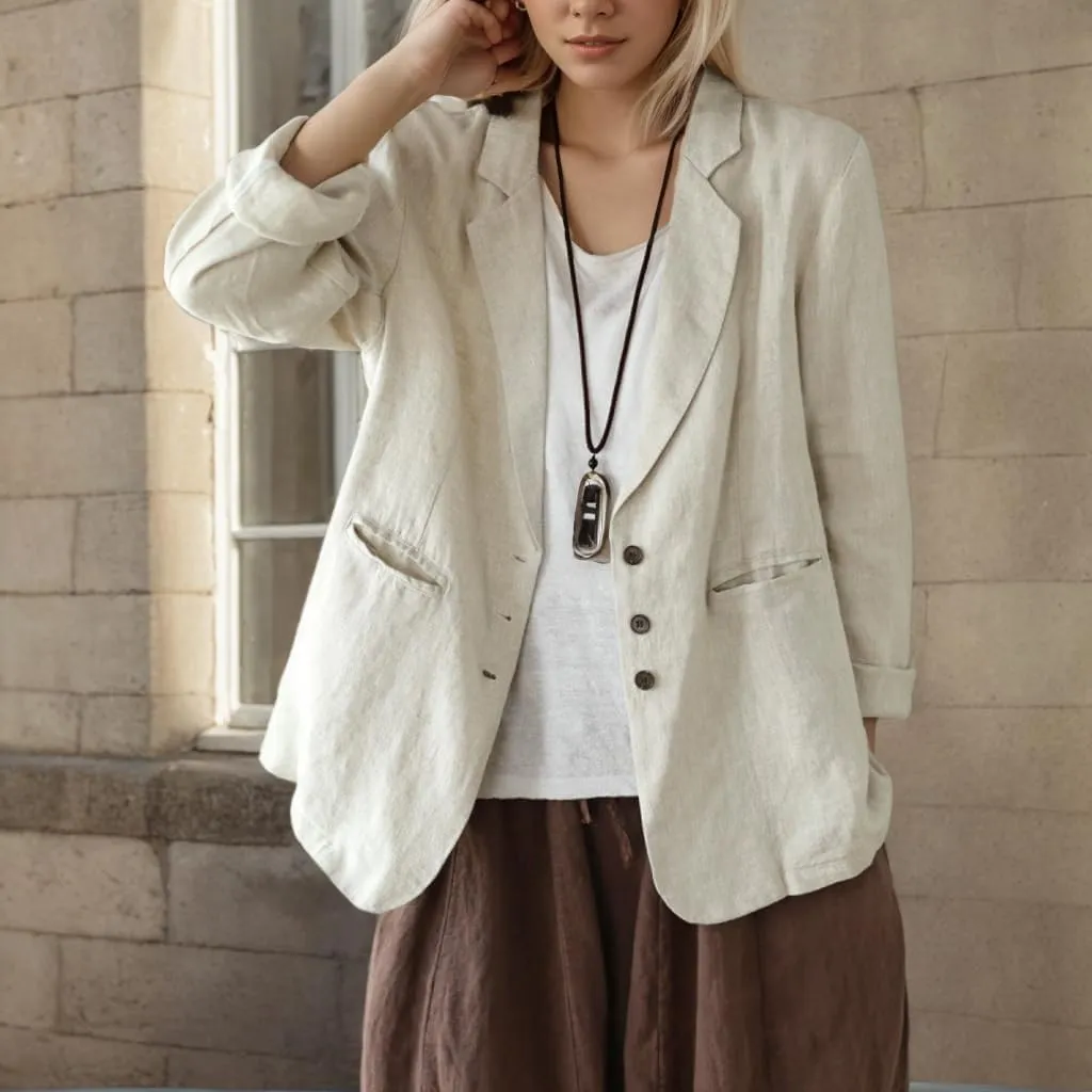 Womens Cotton Linen Lapel Button Blazer Casual Long Sleeve Open Front Lightweight Linen Blazers Jacket with Pockets
