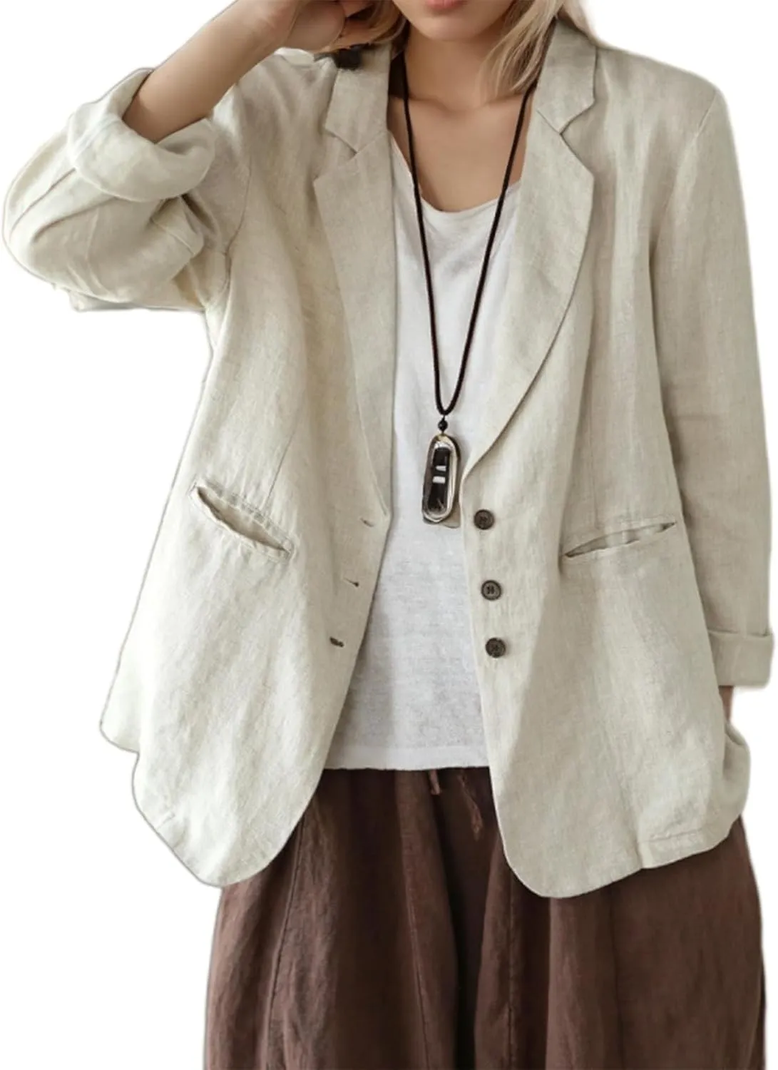 Womens Cotton Linen Lapel Button Blazer Casual Long Sleeve Open Front Lightweight Linen Blazers Jacket with Pockets