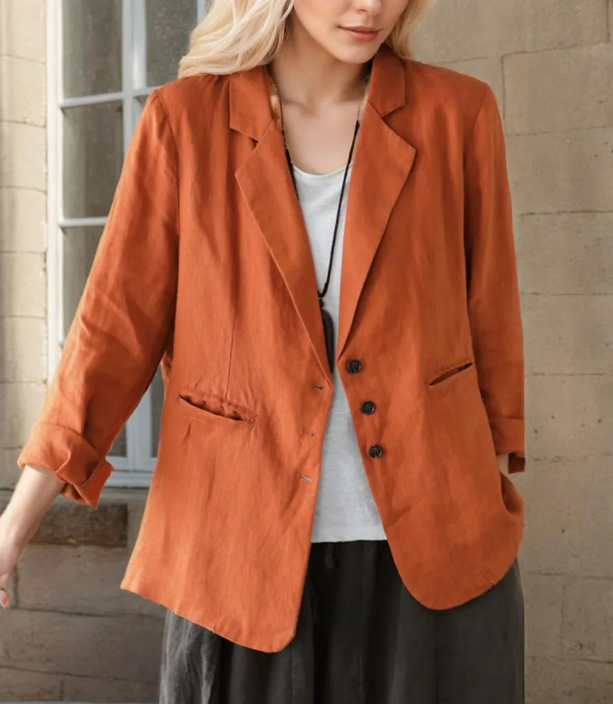 Womens Cotton Linen Lapel Button Blazer Casual Long Sleeve Open Front Lightweight Linen Blazers Jacket with Pockets