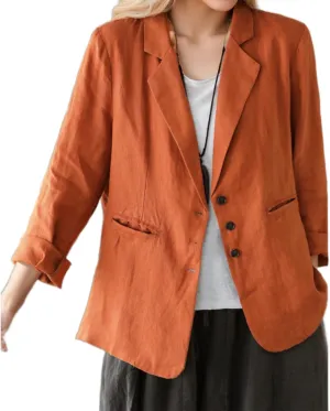 Womens Cotton Linen Lapel Button Blazer Casual Long Sleeve Open Front Lightweight Linen Blazers Jacket with Pockets