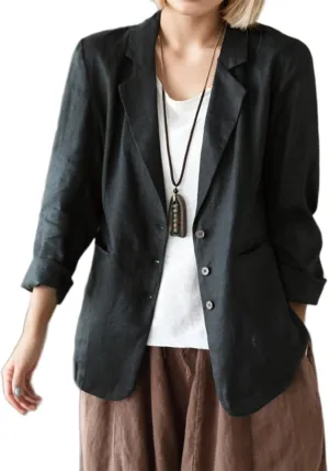Womens Cotton Linen Lapel Button Blazer Casual Long Sleeve Open Front Lightweight Linen Blazers Jacket with Pockets