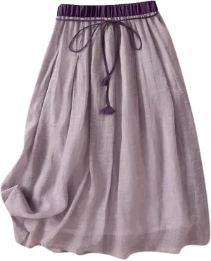 Women's Cotton Linen Skirt Drawstring Waist A Line Beach Flowy Long Skirts Summer Bohemian Double Layer Midi Skirts