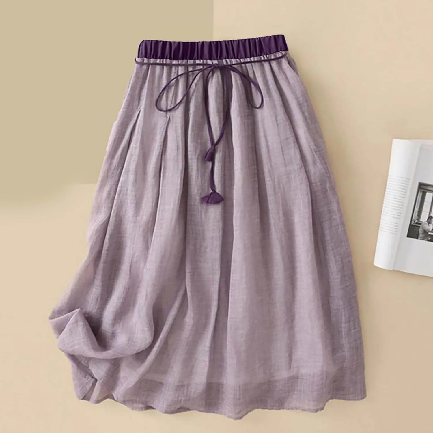 Women's Cotton Linen Skirt Drawstring Waist A Line Beach Flowy Long Skirts Summer Bohemian Double Layer Midi Skirts