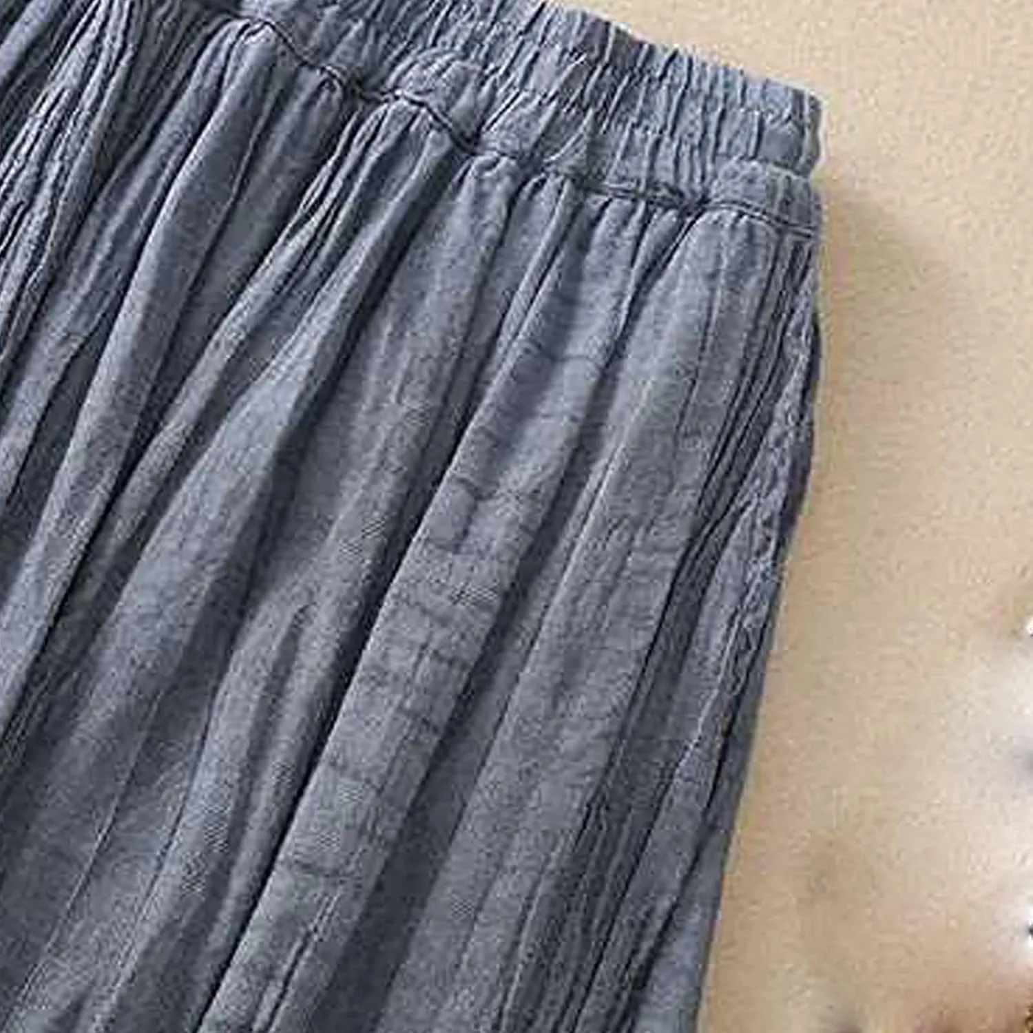 Womens Cotton Linen Skirts Solid Color Casual Pleated Flowy Skirt Lightweight Elastic Waist A-Line Swing Midi Skirts