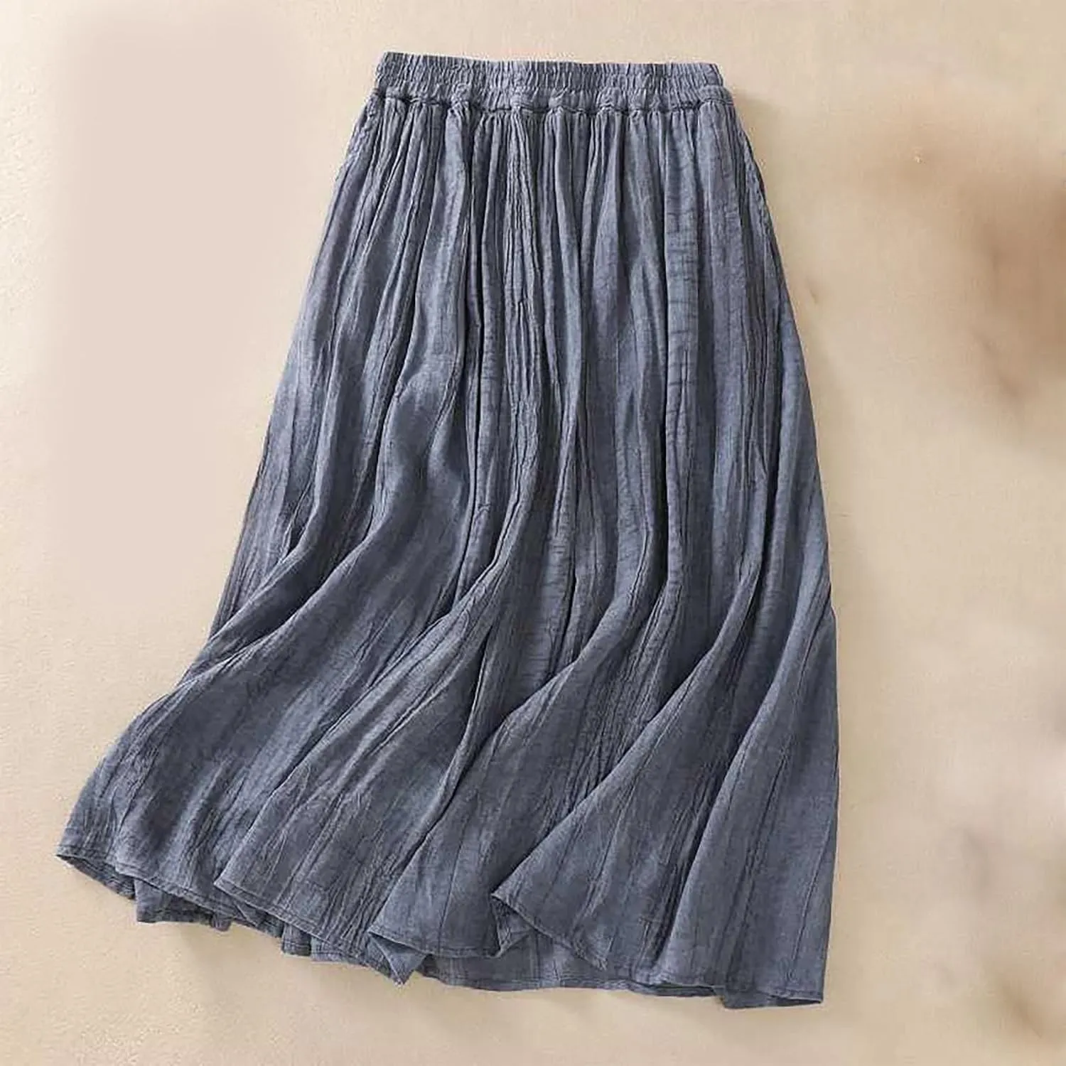Womens Cotton Linen Skirts Solid Color Casual Pleated Flowy Skirt Lightweight Elastic Waist A-Line Swing Midi Skirts