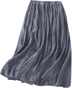 Womens Cotton Linen Skirts Solid Color Casual Pleated Flowy Skirt Lightweight Elastic Waist A-Line Swing Midi Skirts