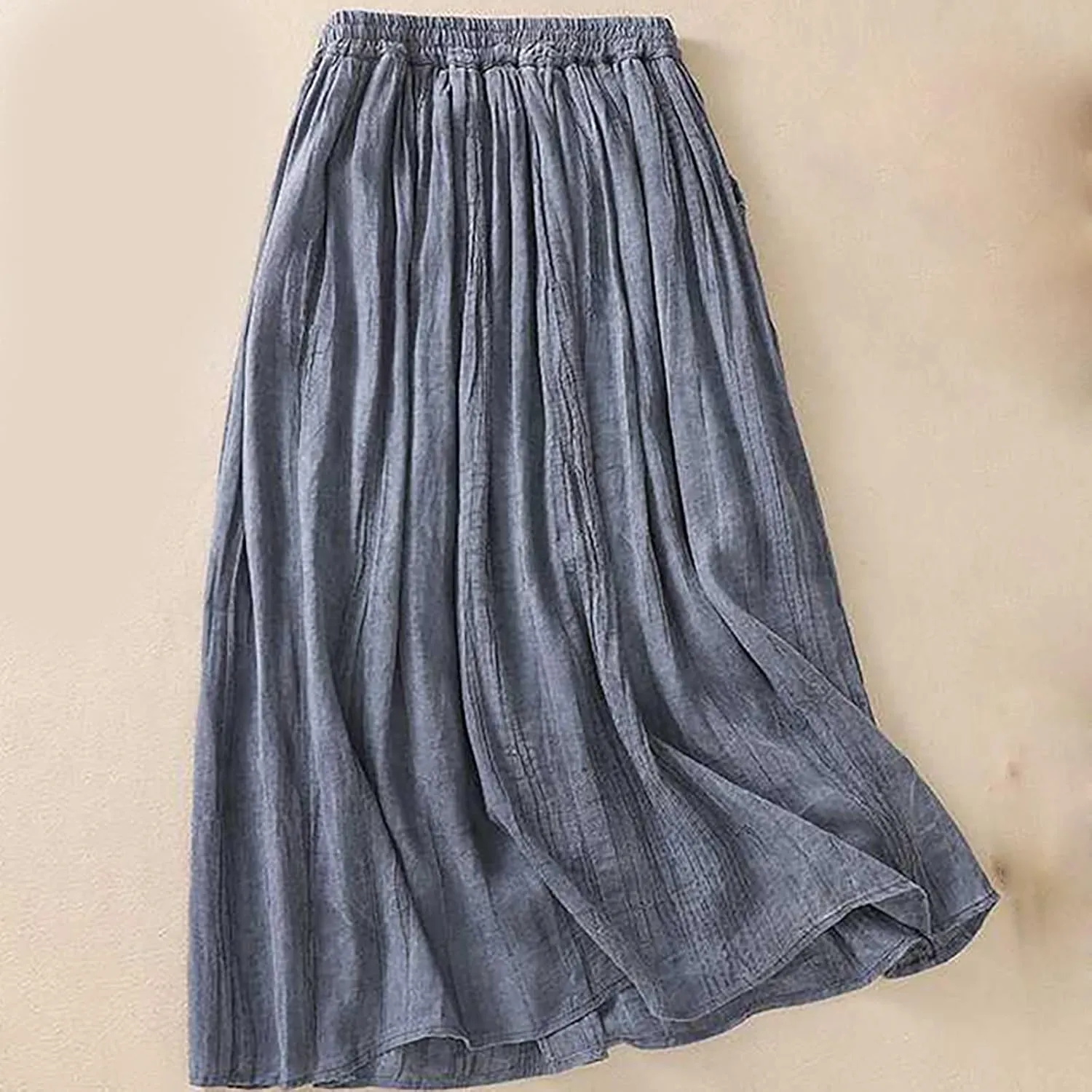 Womens Cotton Linen Skirts Solid Color Casual Pleated Flowy Skirt Lightweight Elastic Waist A-Line Swing Midi Skirts
