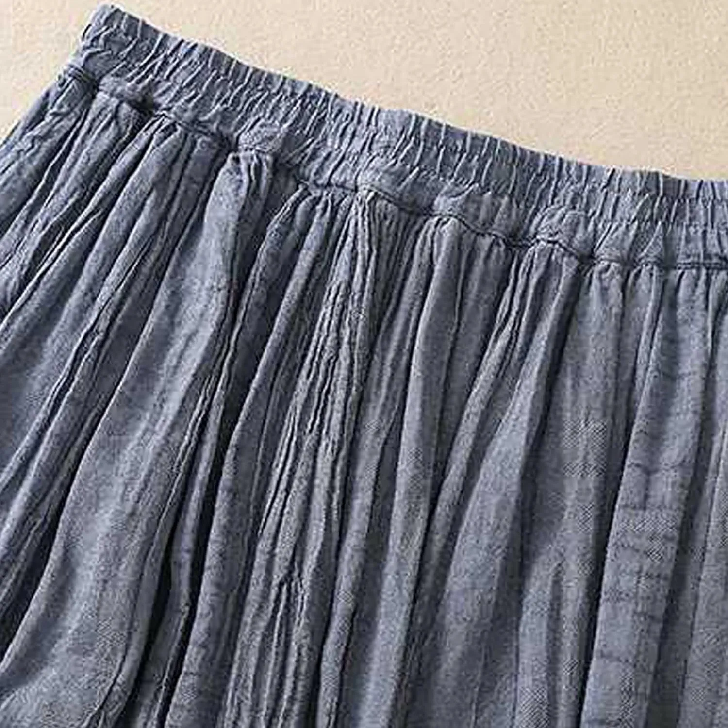 Womens Cotton Linen Skirts Solid Color Casual Pleated Flowy Skirt Lightweight Elastic Waist A-Line Swing Midi Skirts